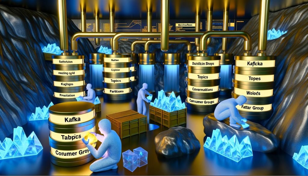 Futuristische Industrieumgebung mit arbeitsintensiven digitalen Arbeitern, die strömende Daten in transparenten Röhren untersuchen, beschriftet mit Kafka, Topics, Partitions und Consumer Groups.