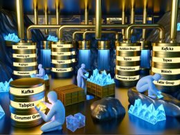 Futuristische Industrieumgebung mit arbeitsintensiven digitalen Arbeitern, die strömende Daten in transparenten Röhren untersuchen, beschriftet mit Kafka, Topics, Partitions und Consumer Groups.
