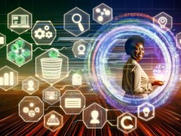 Zeitgenössische Illustration eines Marketing-Experten, umgeben von digitalen Datenströmen und UI-Komponenten, die verschiedene Datenquellen und Transformationen auf einem Dashboard darstellen.