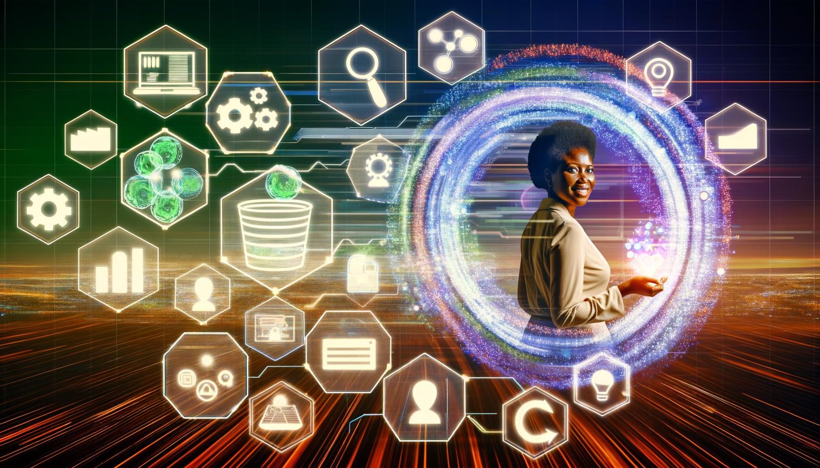 Zeitgenössische Illustration eines Marketing-Experten, umgeben von digitalen Datenströmen und UI-Komponenten, die verschiedene Datenquellen und Transformationen auf einem Dashboard darstellen.