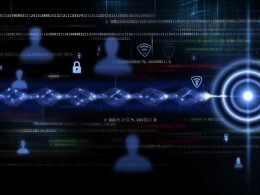 Futuristische digitale Illustration mit leuchtendem Datenstrang, vernetzten Geräten, User-, Client- und Device-ID-Icons sowie angedeuteten Datenschutzsymbolen in blauem Farbschema.