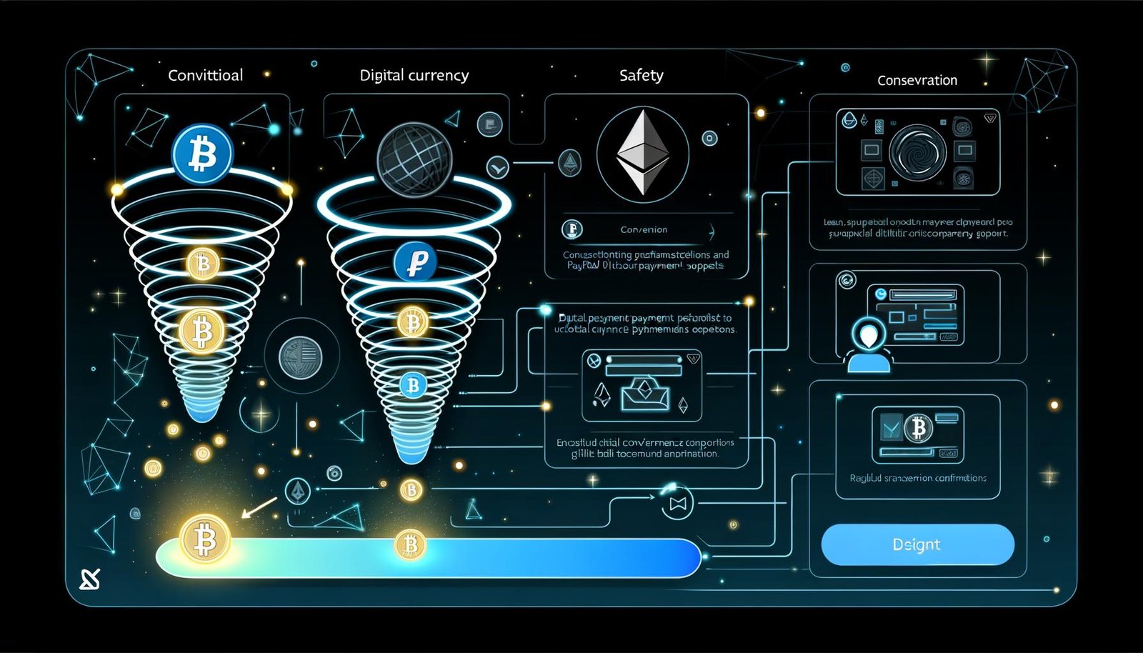 Hypermodernes digitales Checkout-Interface mit PayPal- und Krypto-Optionen, Funnel-Flow, Coin-Auswahl und futuristischen Designelementen in Dark Mode.