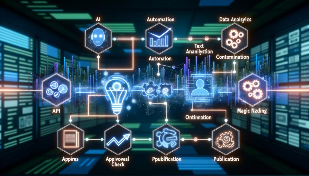Stilisierter Workflow einer modernen Marketingagentur mit vernetzten Knotenpunkten und Icons für KI, Automatisierung, APIs, Analytics, Text, Content-Optimierung und Veröffentlichung vor abstraktem Datendesign.