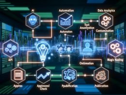 Stilisierter Workflow einer modernen Marketingagentur mit vernetzten Knotenpunkten und Icons für KI, Automatisierung, APIs, Analytics, Text, Content-Optimierung und Veröffentlichung vor abstraktem Datendesign.