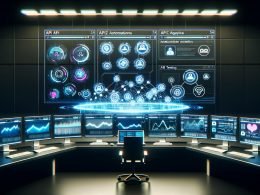 Ein moderner, technisch inspirierter Kontrollraum mit leuchtenden Monitoren, die verschiedene Datenanalysen, Social-Media-Icons von Instagram, TikTok und LinkedIn sowie Echtzeit-KPIs und Automatisierungsskripte visualisieren.