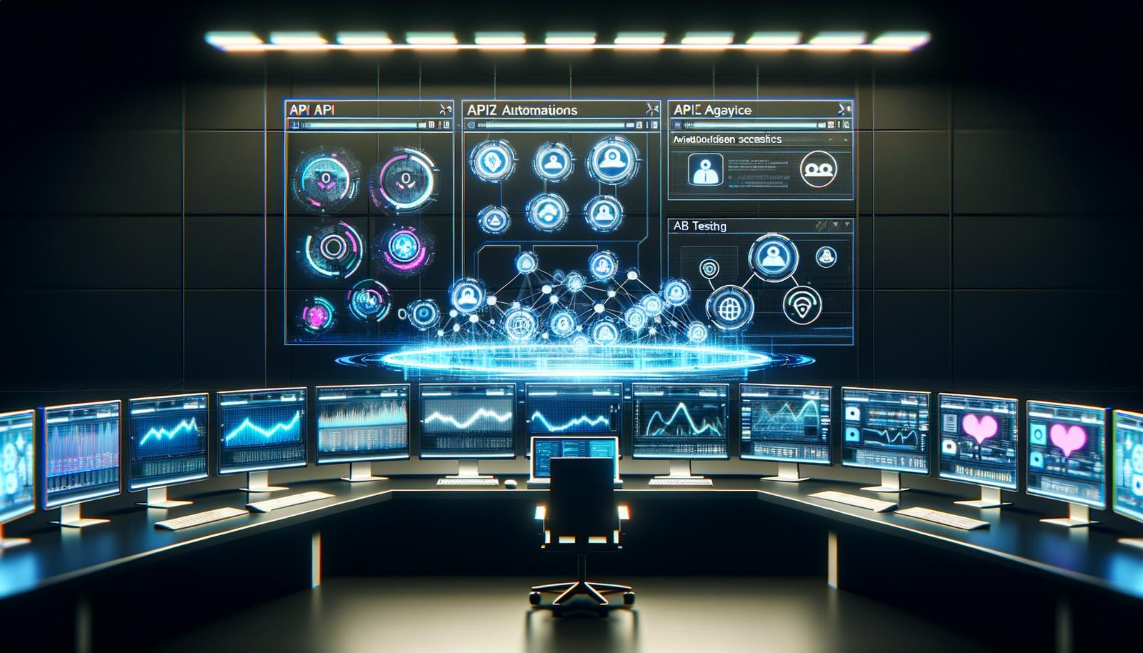 Ein moderner, technisch inspirierter Kontrollraum mit leuchtenden Monitoren, die verschiedene Datenanalysen, Social-Media-Icons von Instagram, TikTok und LinkedIn sowie Echtzeit-KPIs und Automatisierungsskripte visualisieren.