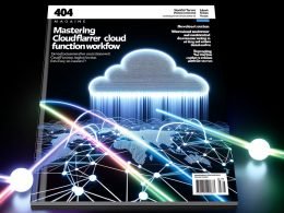 Technoir Magazin-Titelbild mit abstraktem globalen Edge-Netzwerk, Entwicklerfigur zwischen leuchtenden Codezeilen und Edge-Server-Symbolen, diagonales wolkenförmiges Overlay, moderne Schrift und digitale Datenströme.