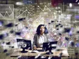 Digitale Collage eines gestressten Marketers vor mit Daten gefüllten Dashboards und schwebenden Zahlen, im Hintergrund Symbole von Google, Meta und Analyse-Tools