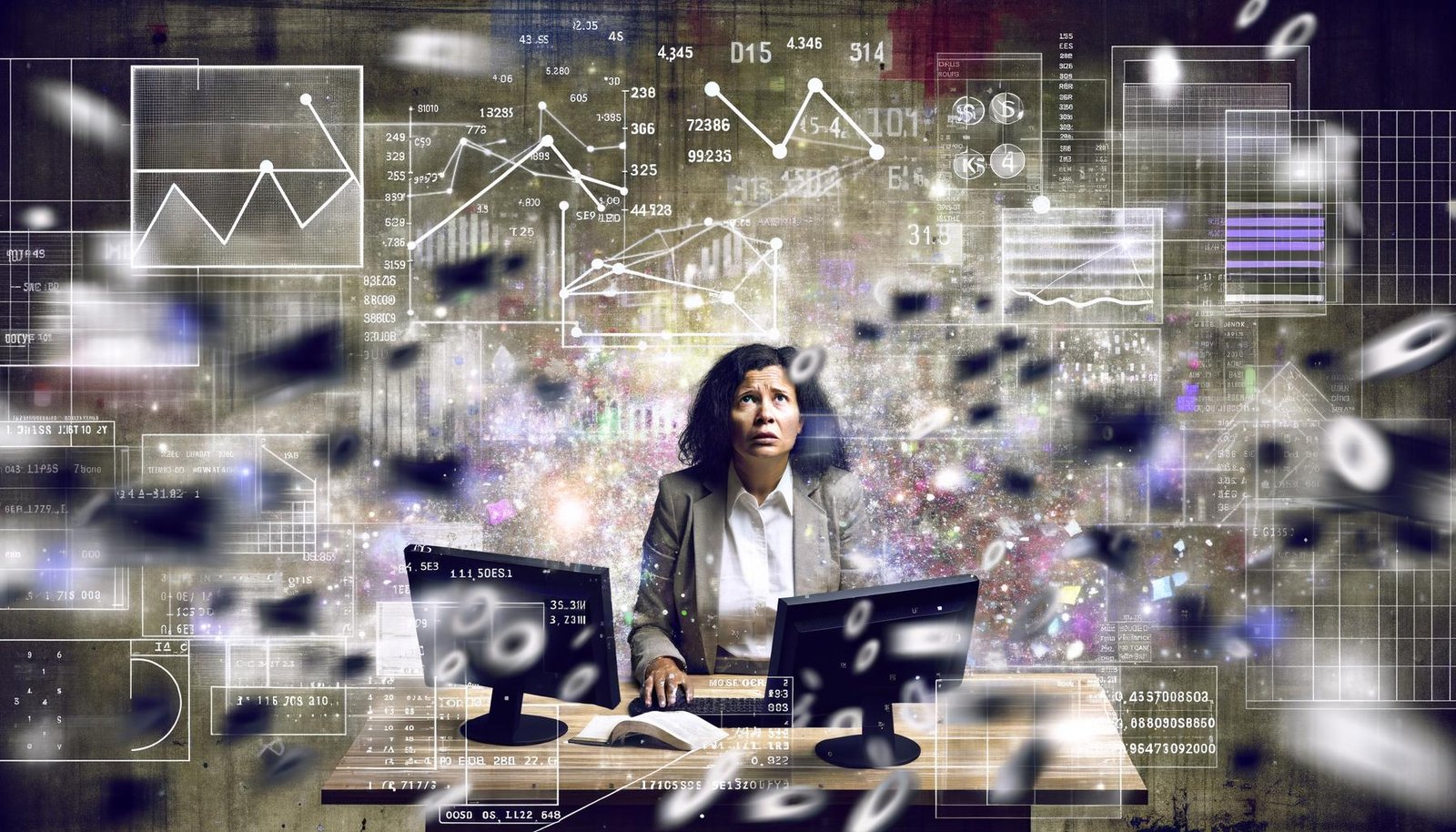 Digitale Collage eines gestressten Marketers vor mit Daten gefüllten Dashboards und schwebenden Zahlen, im Hintergrund Symbole von Google, Meta und Analyse-Tools