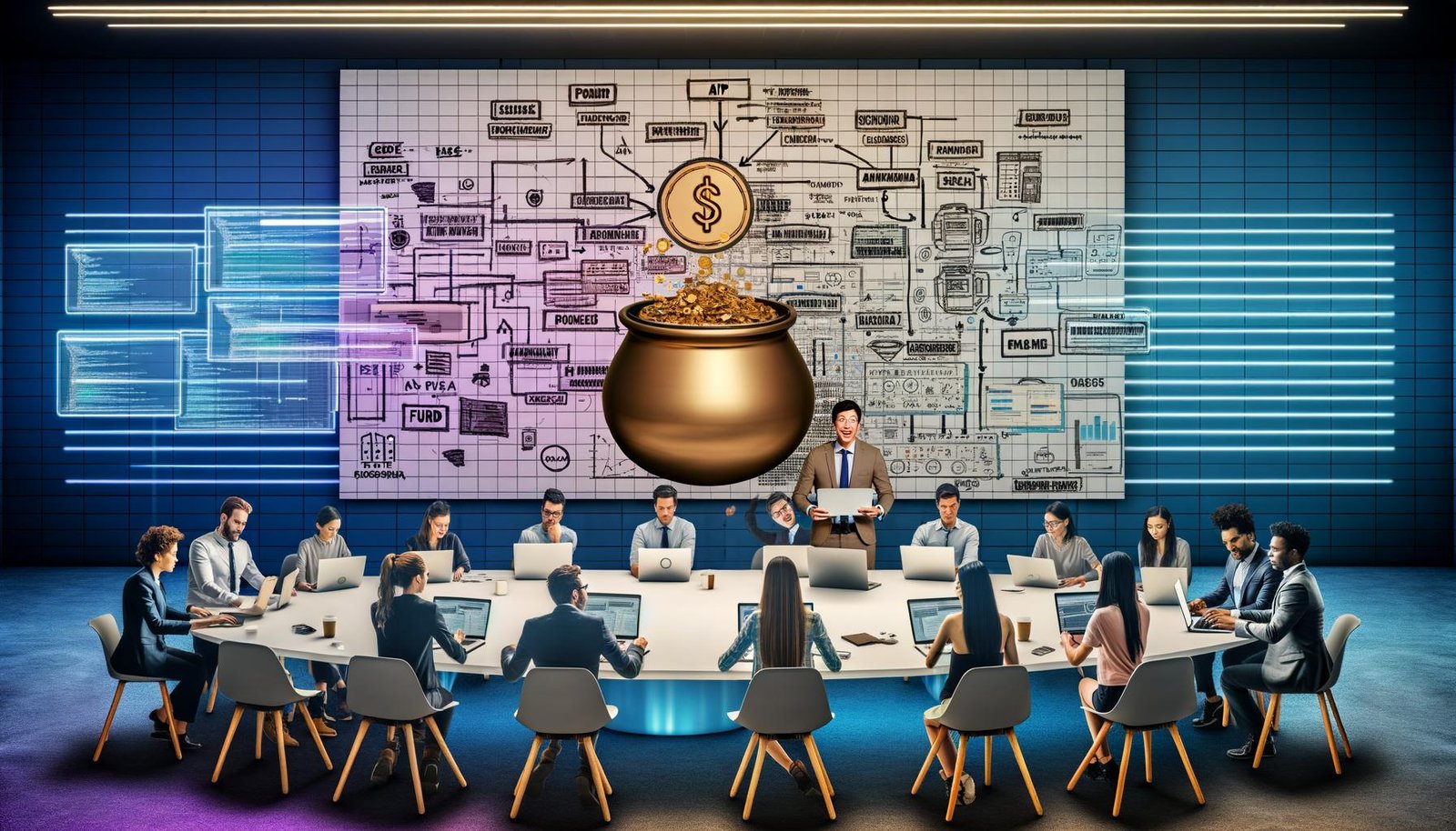 Dynamisches, diverses Büroteam an einem Tisch mit Laptops, zentraler goldener Fördertopf „Kafka Dossier“, Whiteboard mit Architekturdiagrammen und KPIs im Hintergrund.