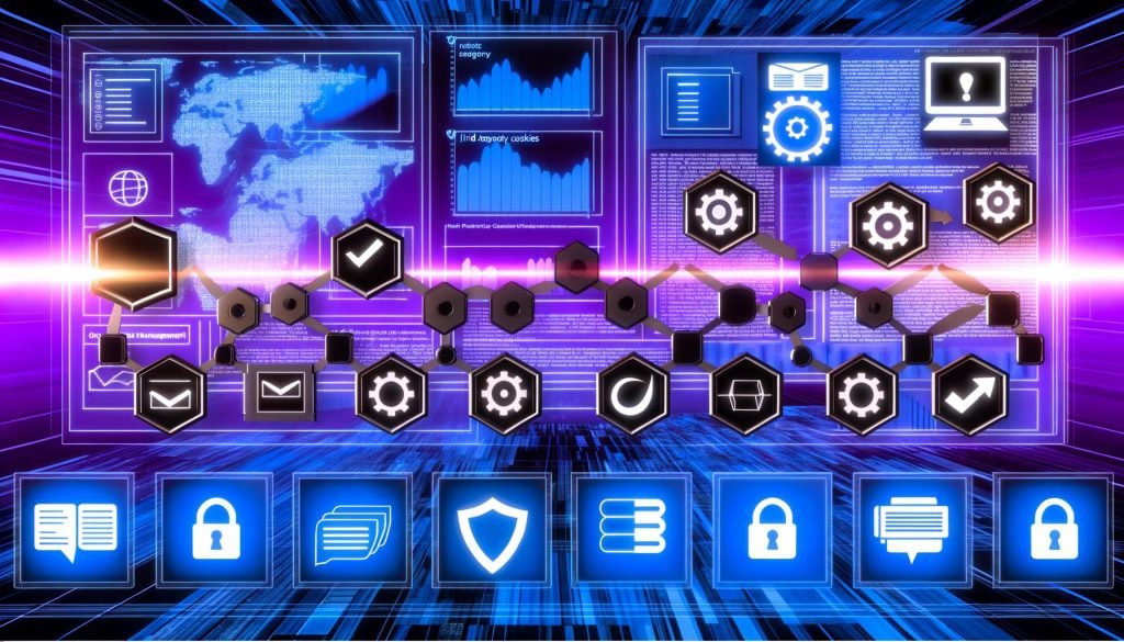 Modernes Analytics-Dashboard mit blauen und violetten Glüheffekten, Datenschutzsymbolen, Servern und ausblendenden Drittanbieter-Cookies; Betonung auf Sicherheit und innovativem Tracking.