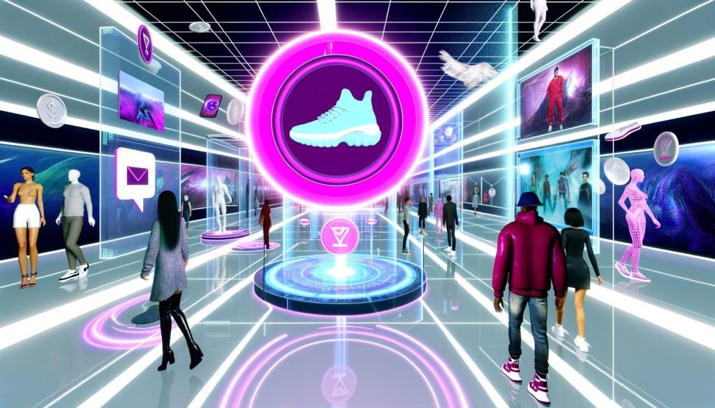 Virtueller Showroom im Metaverse mit Avataren, schwebenden Produktdisplays, PayPal-Logo, NFTs und Social-Events.