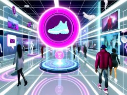 Virtueller Showroom im Metaverse mit Avataren, schwebenden Produktdisplays, PayPal-Logo, NFTs und Social-Events.