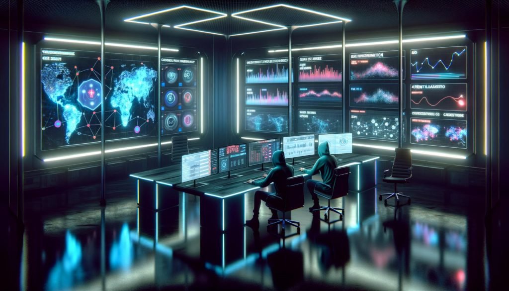 Futuristisches Command Center mit mehreren Monitoren, die Social Media Analysen, algorithmische Datenströme und Wachstums-KPIs im Neonlicht zeigen. Eine Person arbeitet konzentriert an einem modernen Schreibtisch, umgeben von Hightech-Infrastruktur.