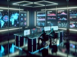 Futuristisches Command Center mit mehreren Monitoren, die Social Media Analysen, algorithmische Datenströme und Wachstums-KPIs im Neonlicht zeigen. Eine Person arbeitet konzentriert an einem modernen Schreibtisch, umgeben von Hightech-Infrastruktur.