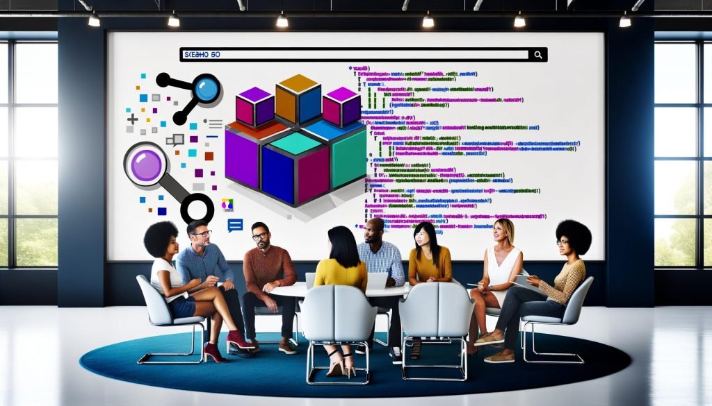 Dynamisches SEO-Team optimiert im Hightech-Büro mit strukturierter Datenvisualisierung und Voice Search-Icons eine Website mithilfe von JSON-LD Markup.