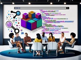 Futuristische digitale Produktionsstraße mit Roboterarmen, KI-Symbolen, Datenströmen und einer isometrischen Pipeline, in der Menschen und künstliche Intelligenz gemeinsam Content erstellen und automatisieren.