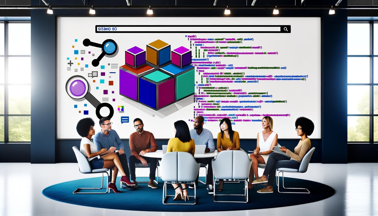 Futuristische digitale Produktionsstraße mit Roboterarmen, KI-Symbolen, Datenströmen und einer isometrischen Pipeline, in der Menschen und künstliche Intelligenz gemeinsam Content erstellen und automatisieren.