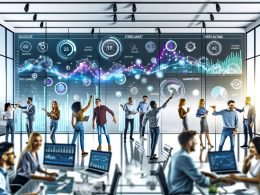 Mehrere Mitarbeiter aus verschiedenen Fachrichtungen diskutieren vor einem digitalen Dashboard mit bunten Prognosekurven und Datenpunkten in einem modernen Büro mit gläsernen Wänden.