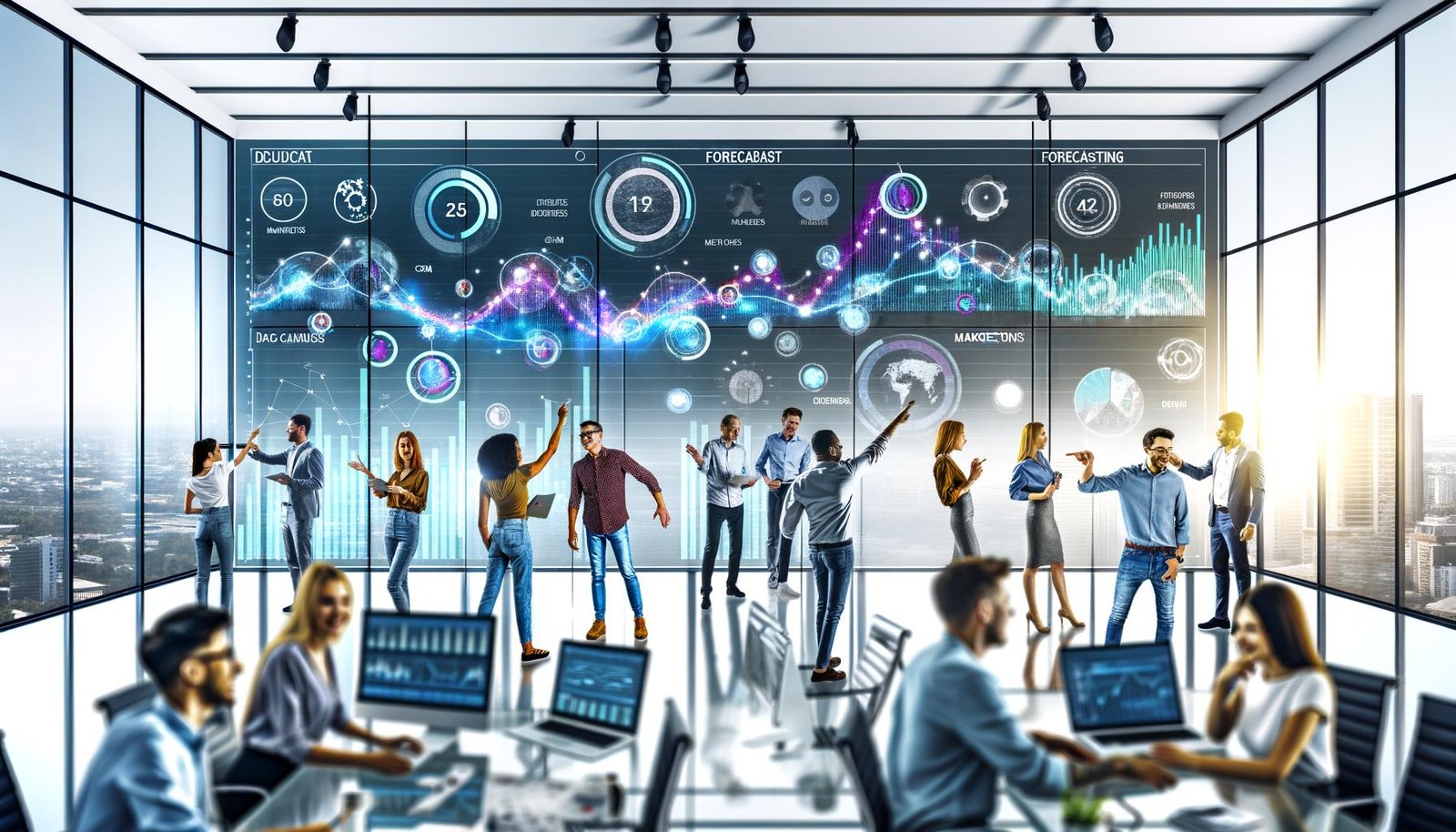Mehrere Mitarbeiter aus verschiedenen Fachrichtungen diskutieren vor einem digitalen Dashboard mit bunten Prognosekurven und Datenpunkten in einem modernen Büro mit gläsernen Wänden.