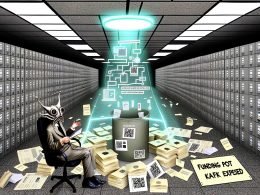 Surreales Büro-Labyrinth in grau mit Aktenordnern, Papierstapeln, QR-Codes und leuchtenden Bildschirmen, zentral eine Mensch-Insekt-Figur vor digitalem Fördertopf, inspiriert von Kafka.