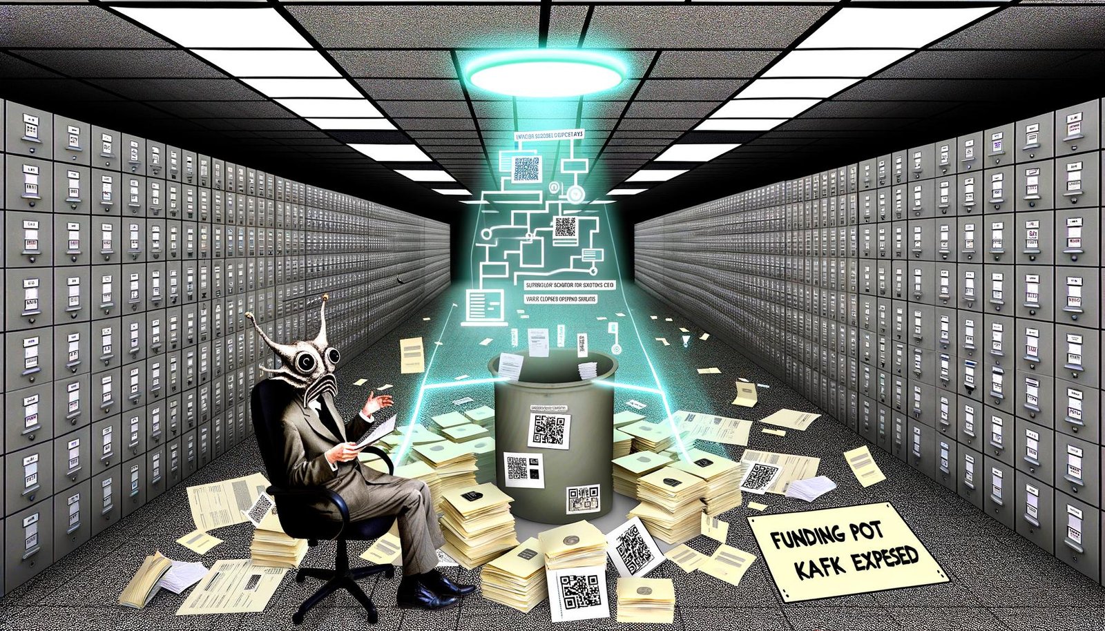 Surreales Büro-Labyrinth in grau mit Aktenordnern, Papierstapeln, QR-Codes und leuchtenden Bildschirmen, zentral eine Mensch-Insekt-Figur vor digitalem Fördertopf, inspiriert von Kafka.