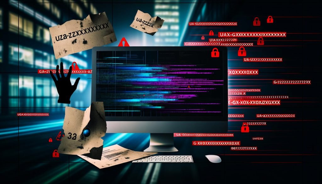 Monitor mit chaotisch verteilten Code-Schnipseln und Analytics-IDs, zerknüllte Reports, Warnsymbole und Copy-Paste-Hand-Icons vor einer urbanen, düsteren Tech-Büroumgebung.