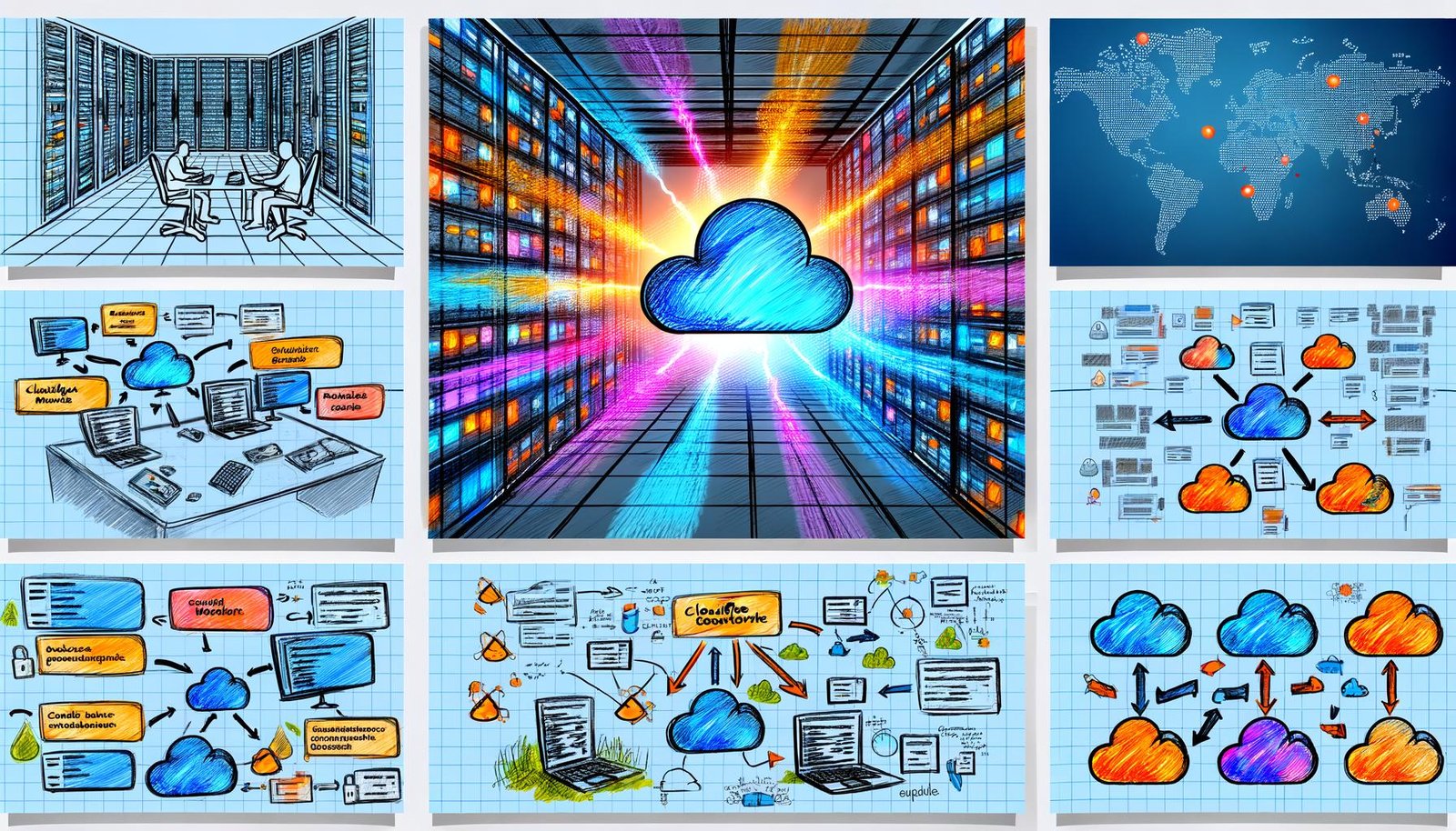 Ein visuell beeindruckendes Szenario mit globalem Cloudflare Edge-Netzwerk, zentralem Worker-Symbol, technischen Architekturdiagrammen, realen Use-Cases, Entwicklungsschritten und Security-Monitoring – effektiv illustriert für fortschrittliche Entwickler und IT-Architekten.