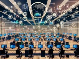 Digital inspirierte Collage eines Growth-Hacker-Labors mit transparentem Daten-Interface, Netzwerk aus Social-Media-Logos, engagierten Menschen an Laptops und leuchtenden Datenströmen.