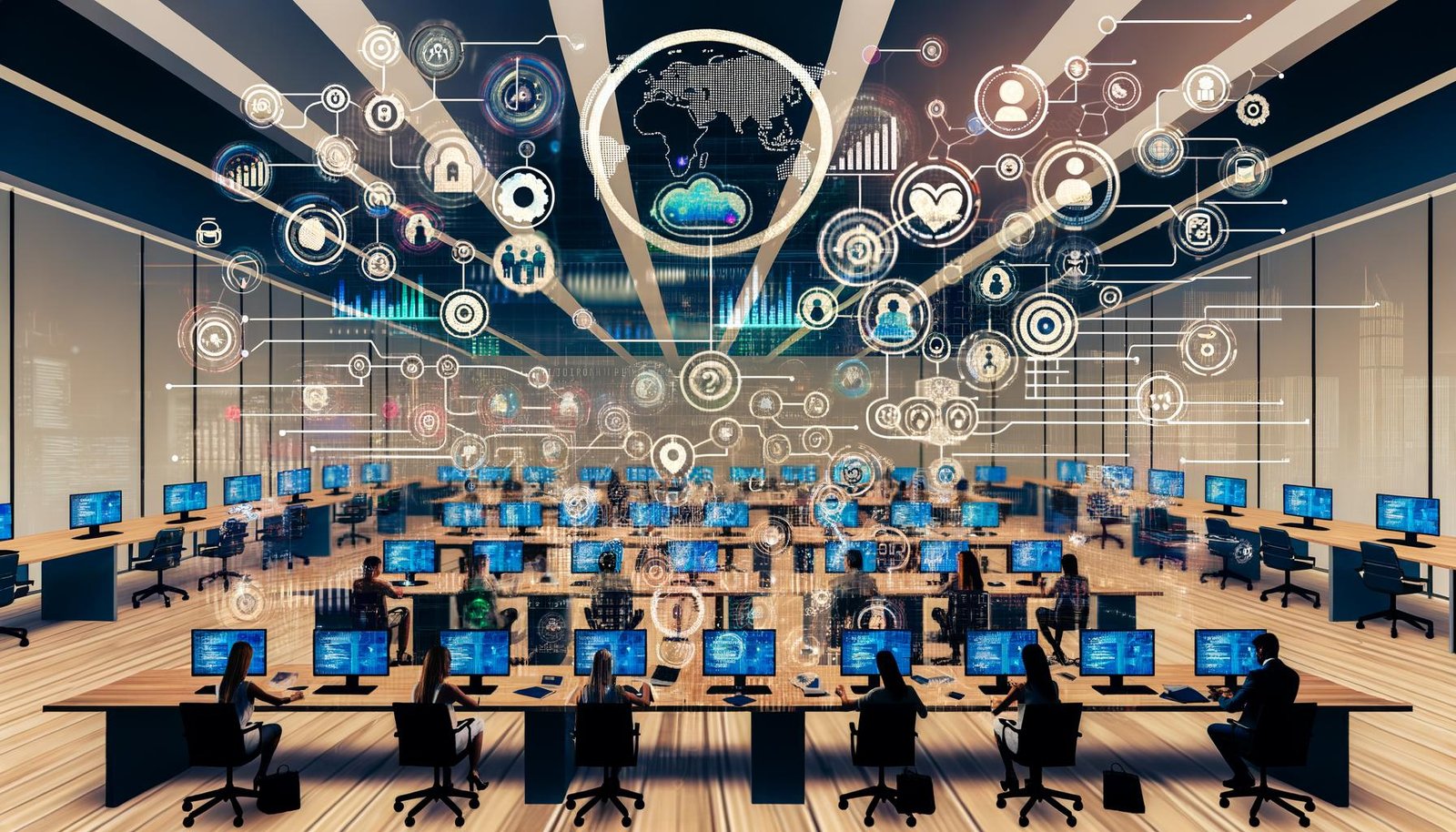 Digital inspirierte Collage eines Growth-Hacker-Labors mit transparentem Daten-Interface, Netzwerk aus Social-Media-Logos, engagierten Menschen an Laptops und leuchtenden Datenströmen.