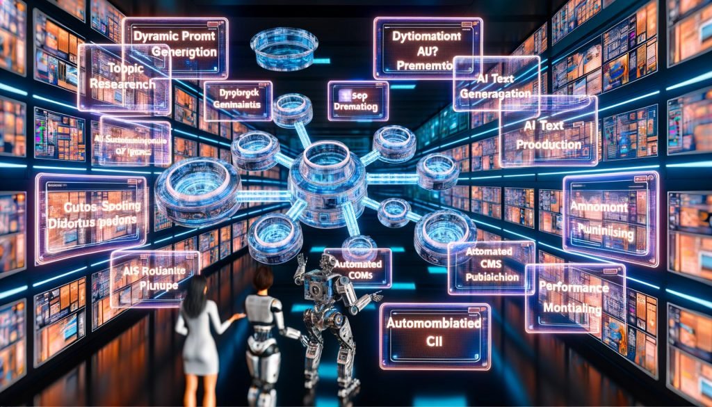 Futuristischer Arbeitsbereich mit digitalen und holografischen Anzeigen, die eine automatisierte KI-Content-Pipeline und kollaborierende Experten zeigen.