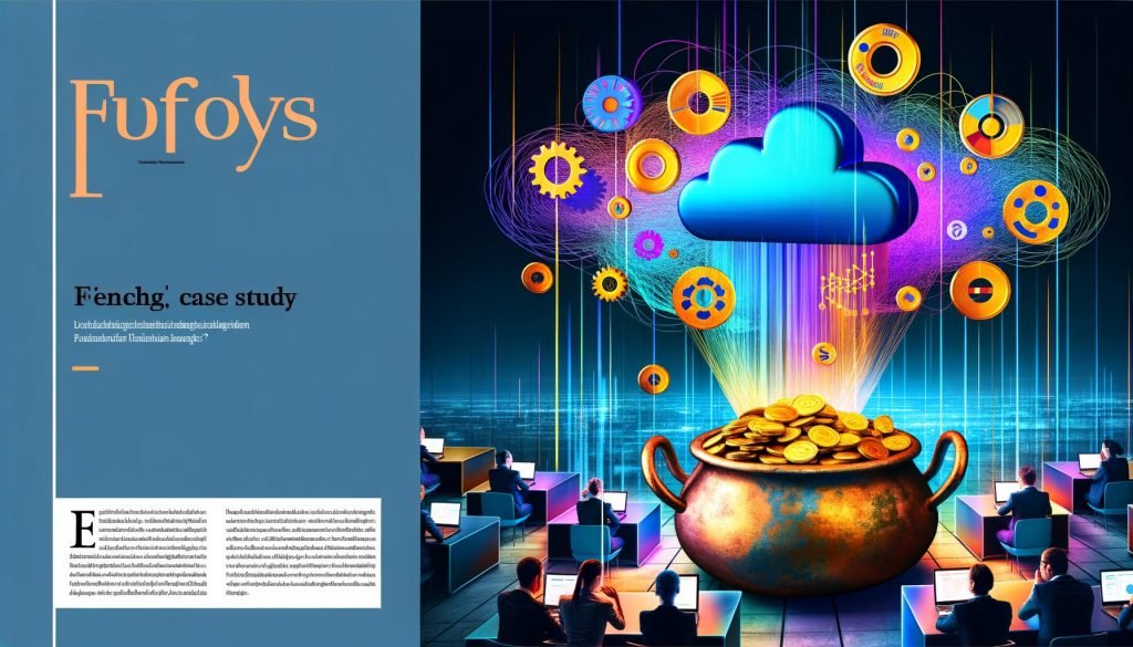 Moderne Editorial Titelseite mit Fördertopf voller goldener Münzen, schwebende Technologie-Symbole, abstrahiertes Kafka-Logo, digitale Büro-Silhouetten und große Daten-Dashboards, Farbpalette in Blau, Türkis, Violett und Gold.