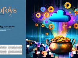 Moderne Editorial Titelseite mit Fördertopf voller goldener Münzen, schwebende Technologie-Symbole, abstrahiertes Kafka-Logo, digitale Büro-Silhouetten und große Daten-Dashboards, Farbpalette in Blau, Türkis, Violett und Gold.