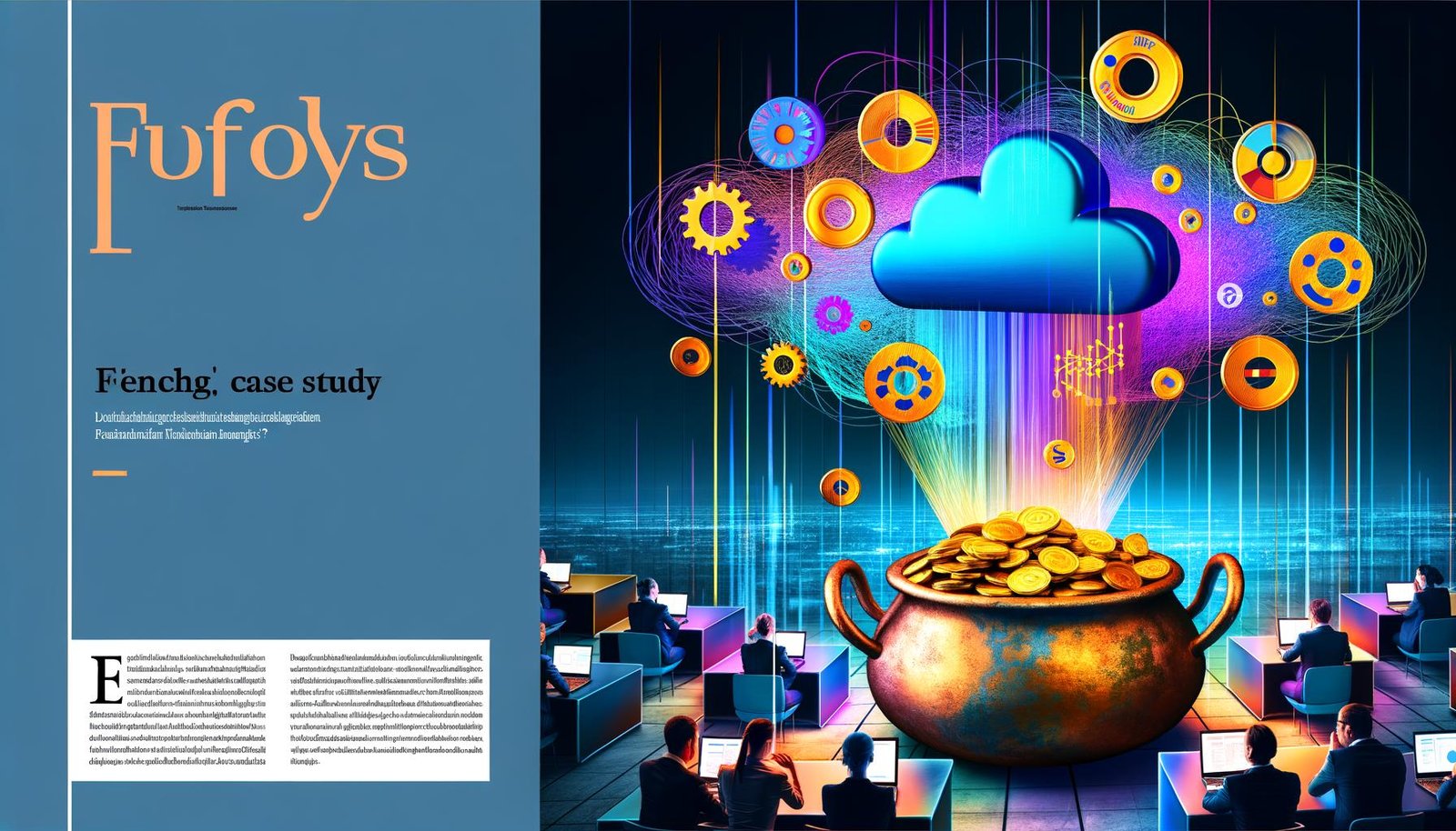 Moderne Editorial Titelseite mit Fördertopf voller goldener Münzen, schwebende Technologie-Symbole, abstrahiertes Kafka-Logo, digitale Büro-Silhouetten und große Daten-Dashboards, Farbpalette in Blau, Türkis, Violett und Gold.