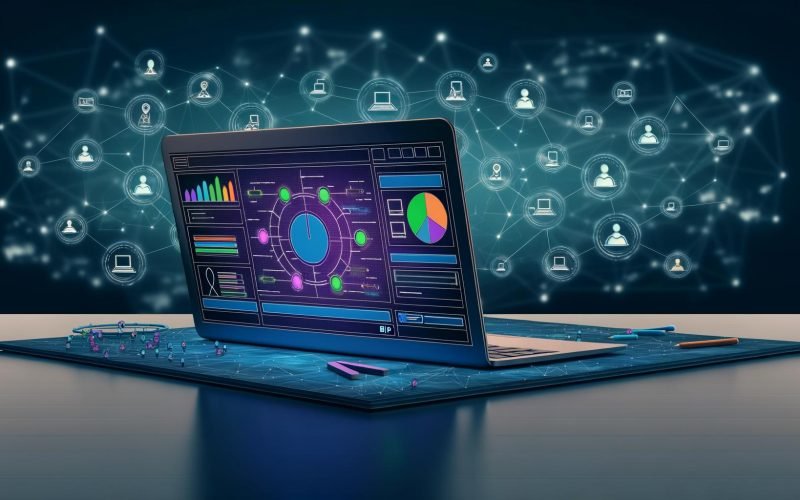 Digital Workspace mit offenem Laptop, Marketing-Dashboard, Gebotsreglern, Grafiken und transparenten Symbolen für Geräte, Standort, Uhrzeit und Nutzergruppen, unterlegt von Netzwerk- und Algorithmuslinien.