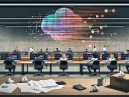 Düstere Büroszene mit klassischem Schreibtisch, zerknüllten Excel-Ausdrucken, Kaffeetasse und Taschenrechner. Im Hintergrund Data-Experts vor großen Monitoren mit Dashboards, daneben ein transparenter KI-Roboter und schwebender Zeitstrahl voller Netzwerke und Cloud-Symbole.