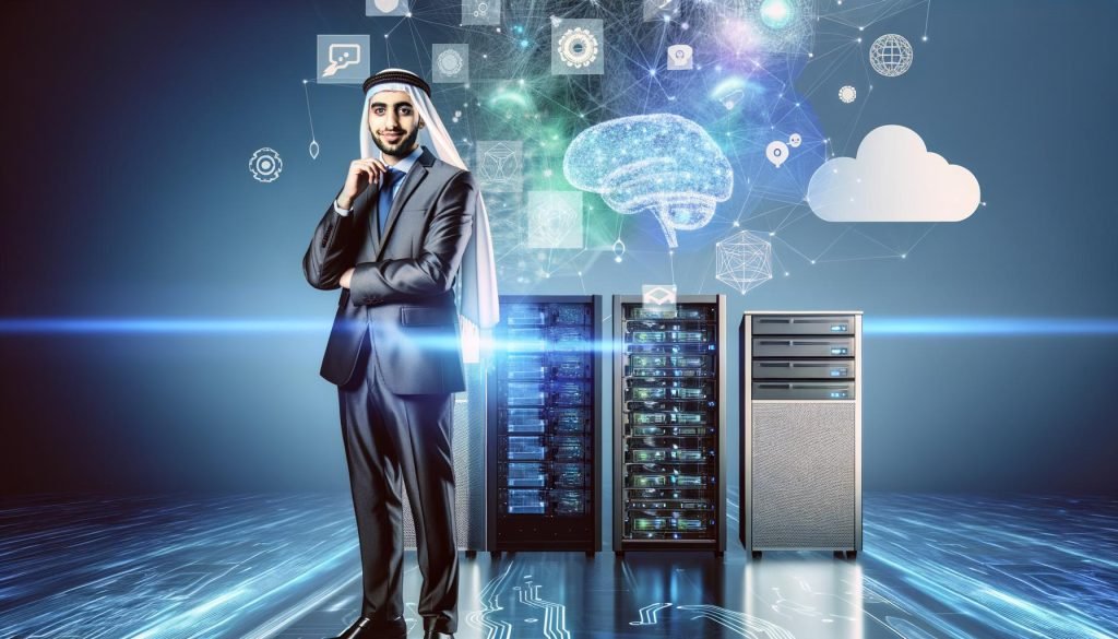 Futuristische Business-Person vor holografischen Daten, neuronalen Netzwerken und schwebenden Technologie-Elementen auf dem Titelbild eines KI-Magazins.