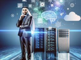 Futuristische Business-Person vor holografischen Daten, neuronalen Netzwerken und schwebenden Technologie-Elementen auf dem Titelbild eines KI-Magazins.