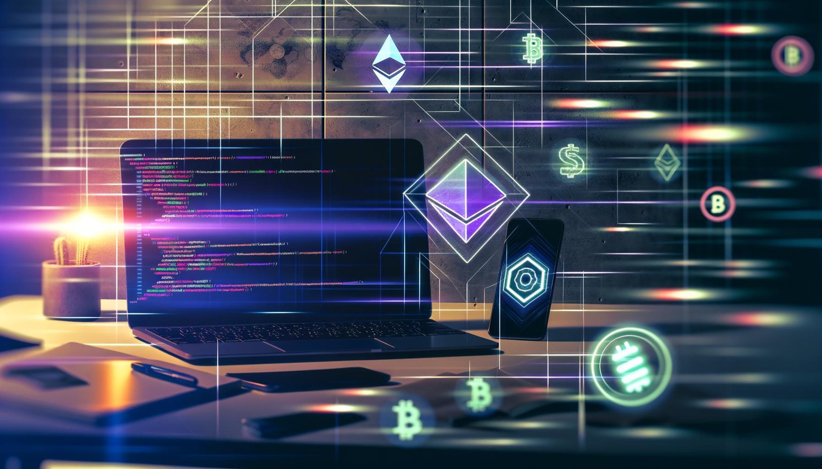 Hell ausgeleuchteter Schreibtisch mit Laptop, Code, Kryptowährungen, NFT-Bild, Smartphone mit PayPal-Benachrichtigung und technischen Tool-Icons im Hintergrund.