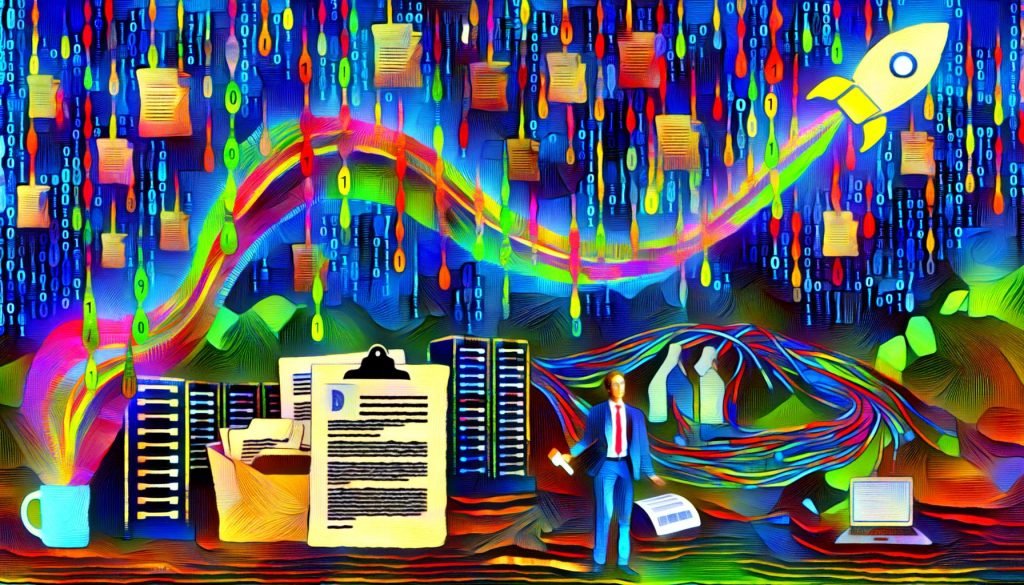 Farbenfrohe Collage mit Behördenformular, binären Datenströmen, kafkaeskem Bürokraten, Apache Kafka-Logo und Dschungelsilhouette, die die Verwirrung digitaler Förderprozesse darstellt.