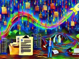 Farbenfrohe Collage mit Behördenformular, binären Datenströmen, kafkaeskem Bürokraten, Apache Kafka-Logo und Dschungelsilhouette, die die Verwirrung digitaler Förderprozesse darstellt.