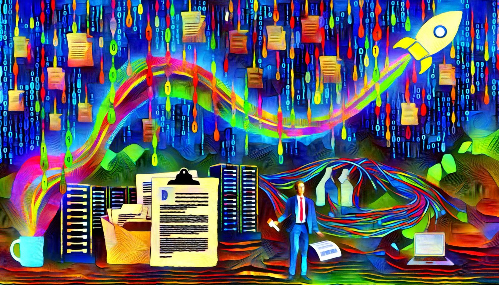 Farbenfrohe Collage mit Behördenformular, binären Datenströmen, kafkaeskem Bürokraten, Apache Kafka-Logo und Dschungelsilhouette, die die Verwirrung digitaler Förderprozesse darstellt.