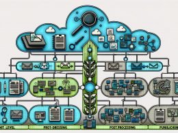 Stilisierte Illustration eines modernen, mehrschichtigen KI-Content-Pipeline-Stacks mit horizontalen Ebenen, Datenverbindungen und menschlichen Koordinatoren, gestaltet in Blau-, Grau- und Neonfarben.