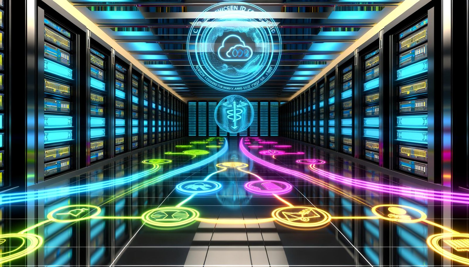 Futuristischer Serverraum mit farbigen, leuchtenden User-, Session-, Client- und Event-IDs, die zwischen modernen Servern und holografischen Displays fließen, 404 Magazine Logo auf Bildschirm.