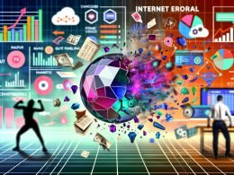 Zerbrochene Kristallkugel mit hervorsprudelnden Daten, Zeitreihengrafiken, Marketing-Icons und Formeln, im Hintergrund verwirrter Marketer mit Excel-Tabellen und Data Scientist mit Programmcode, stilisiert im Look eines modernen, urbanen Magazin-Covers.