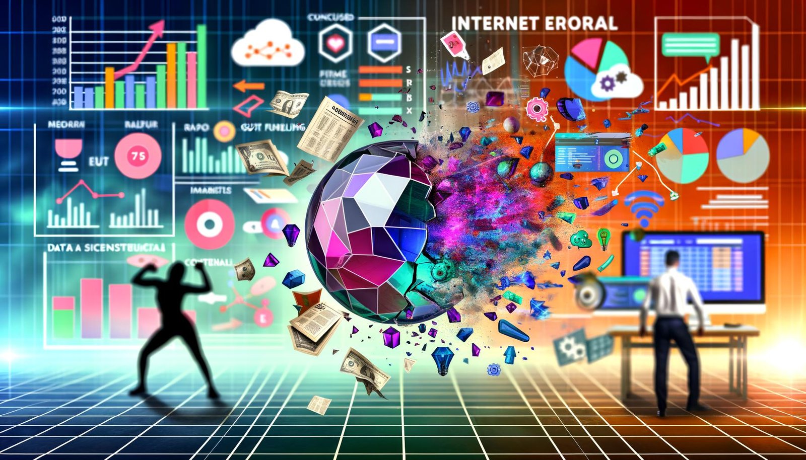 Zerbrochene Kristallkugel mit hervorsprudelnden Daten, Zeitreihengrafiken, Marketing-Icons und Formeln, im Hintergrund verwirrter Marketer mit Excel-Tabellen und Data Scientist mit Programmcode, stilisiert im Look eines modernen, urbanen Magazin-Covers.