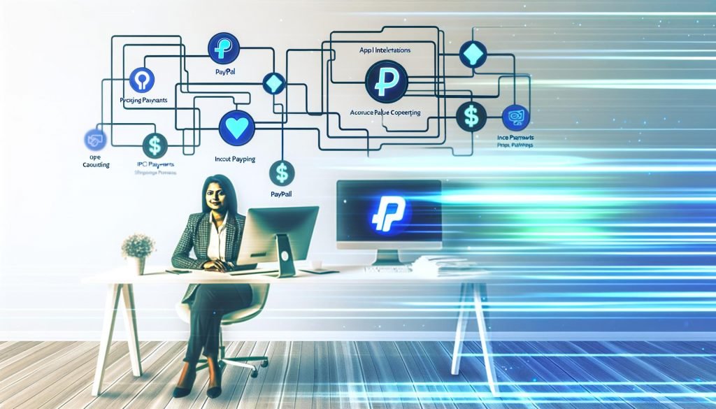 Futuristisch eingerichtetes Home-Office mit Solopreneur am minimalistischen Schreibtisch, digitalen Workflows auf Monitoren und symbolischer Automatisierung von Zahlungen und Buchhaltung.