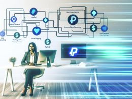 Futuristisch eingerichtetes Home-Office mit Solopreneur am minimalistischen Schreibtisch, digitalen Workflows auf Monitoren und symbolischer Automatisierung von Zahlungen und Buchhaltung.