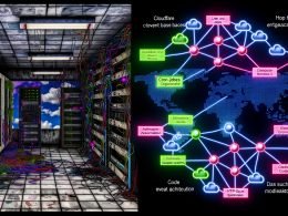 Futuristische Illustration: links alter, überfüllter Serverraum mit Monitoren für CRON-Jobs und PHP-Skripte, rechts moderne Cloud-Architektur mit globalem Netzwerk und Echtzeit-Events. In der Mitte Titel zu Cloudflare Worker Event Automation.