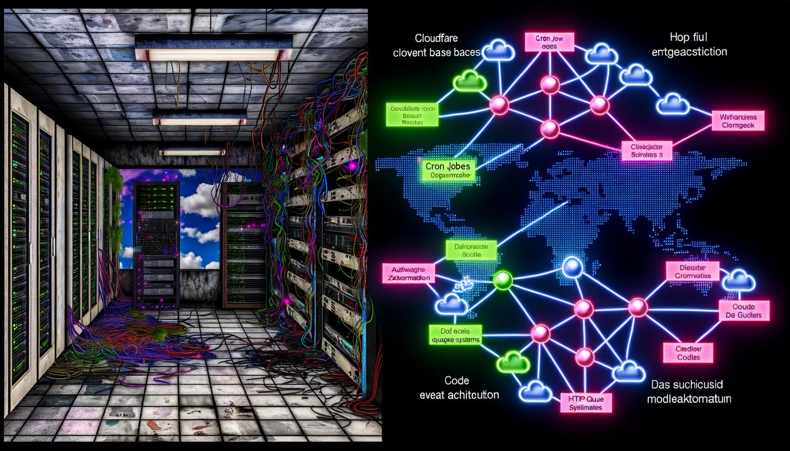 Futuristische Illustration: links alter, überfüllter Serverraum mit Monitoren für CRON-Jobs und PHP-Skripte, rechts moderne Cloud-Architektur mit globalem Netzwerk und Echtzeit-Events. In der Mitte Titel zu Cloudflare Worker Event Automation.